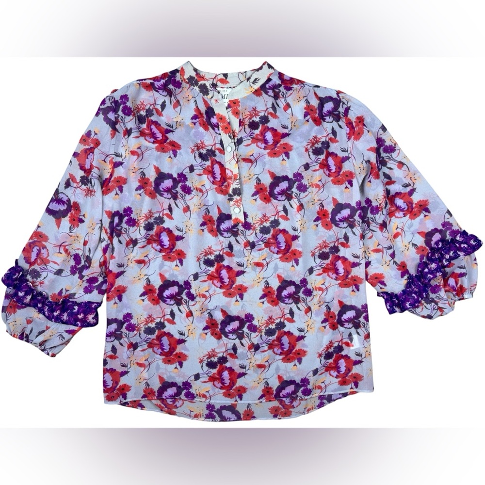 Misa Los Angeles Floral Multicolor Sheer 3/4 Sleeve Blouse Womens XS